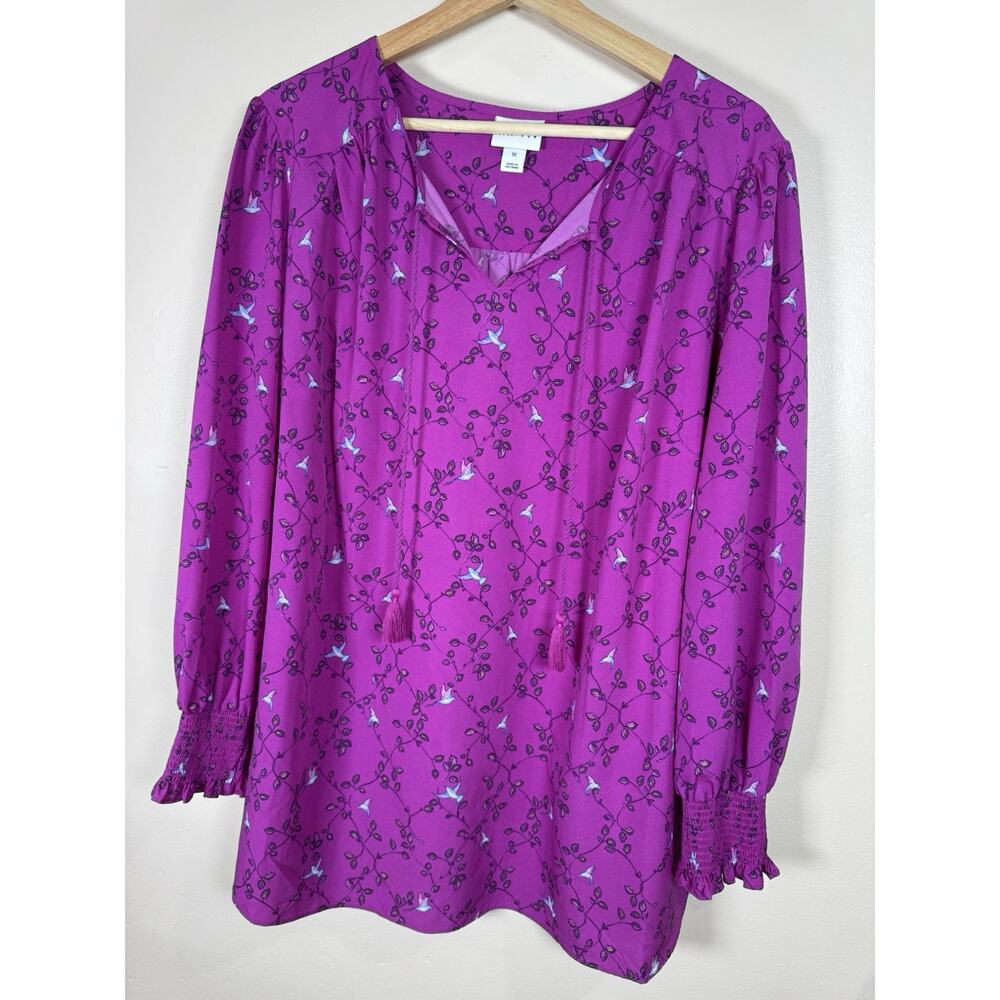 Ava & Viv Womens Plus Size Peasant Blouse Top Pink Bird Print 1X Boho Tassel